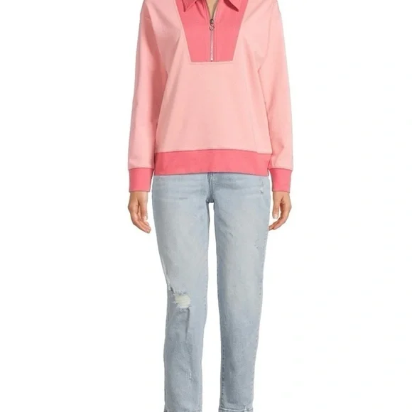 Time and Tru Women's Quarter Zip Sweatshirt Color Block Pink Women’s Size Large - Picture 5 of 11